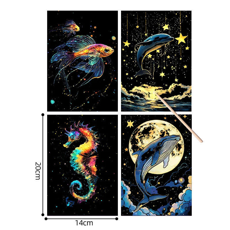4PCS Scratch Art Paper World Landmarks Animals Painting Toy with Stylus Stress Relief Drawing Kids Adult Gift Glow in Dark Craft