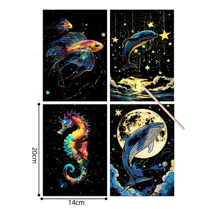 4PCS Scratch Art Paper World Landmarks Animals Painting Toy with Stylus Stress Relief Drawing Kids Adult Gift Glow in Dark Craft