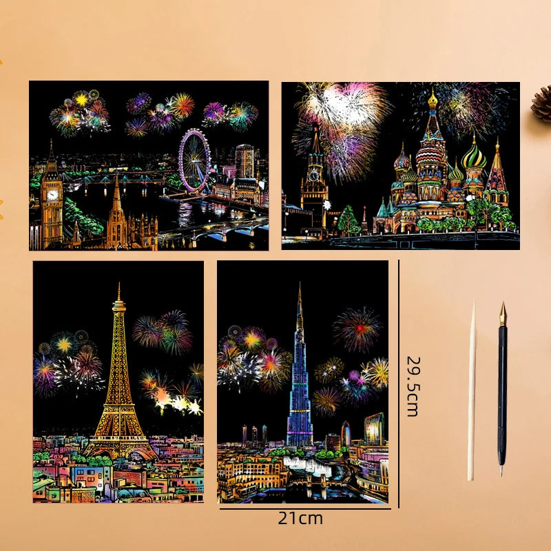 4PCS Scratch Art Paper World Landmarks Animals Painting Toy with Stylus Stress Relief Drawing Kids Adult Gift Glow in Dark Craft