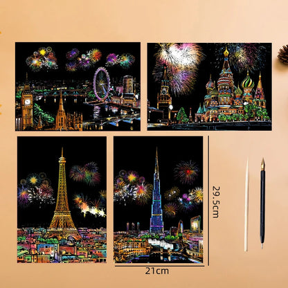 4PCS Scratch Art Paper World Landmarks Animals Painting Toy with Stylus Stress Relief Drawing Kids Adult Gift Glow in Dark Craft